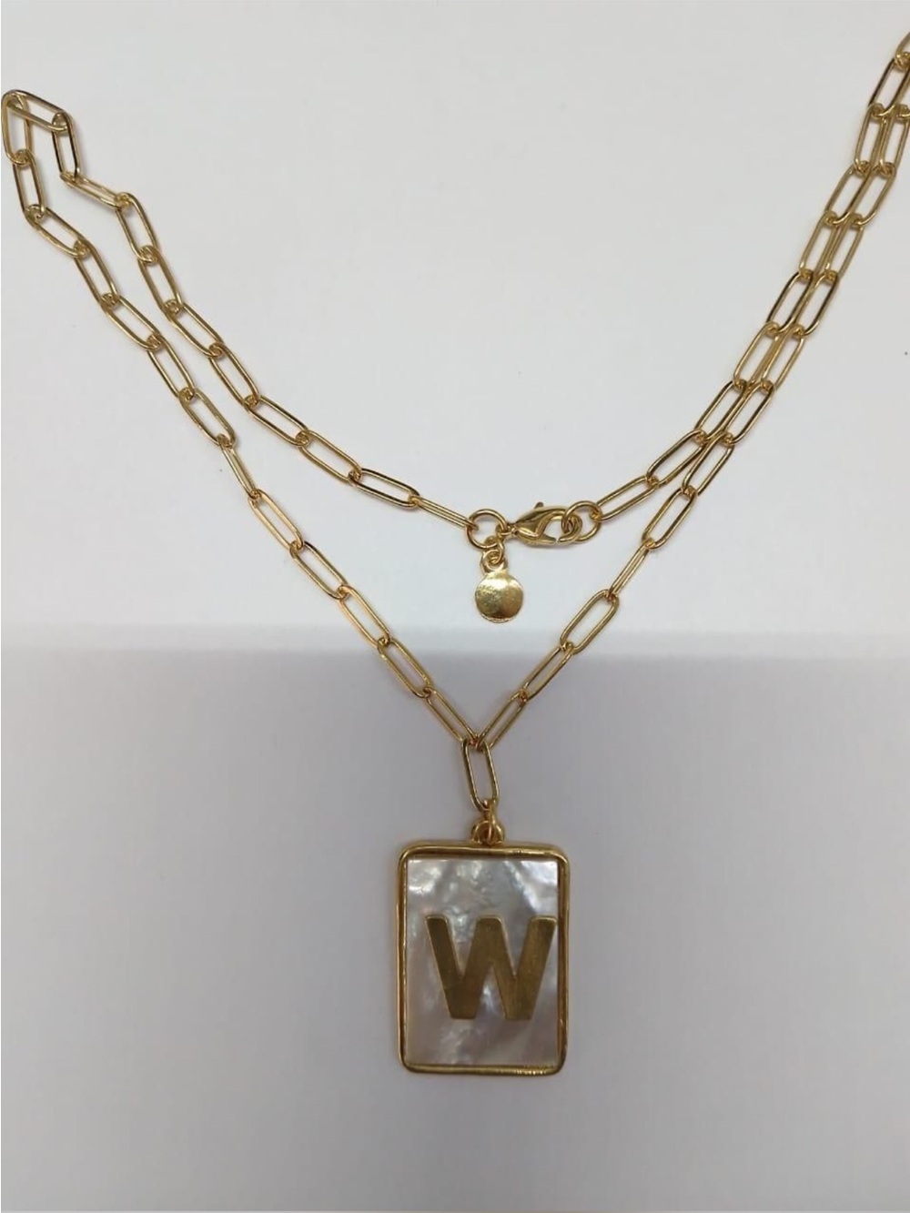 Gold W Rectangle Pendant Paperclip Necklace with Mother-of-Pearl by Mayamar - Picture 3 of 5